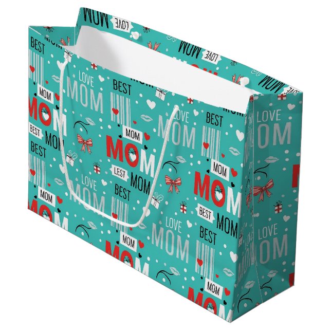Retro Turquoise Comic MOM Love Pattern Large Gift Bag (Front Angled)