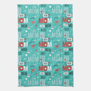 Retro Turquoise Comic MOM Love Pattern Tea Towel