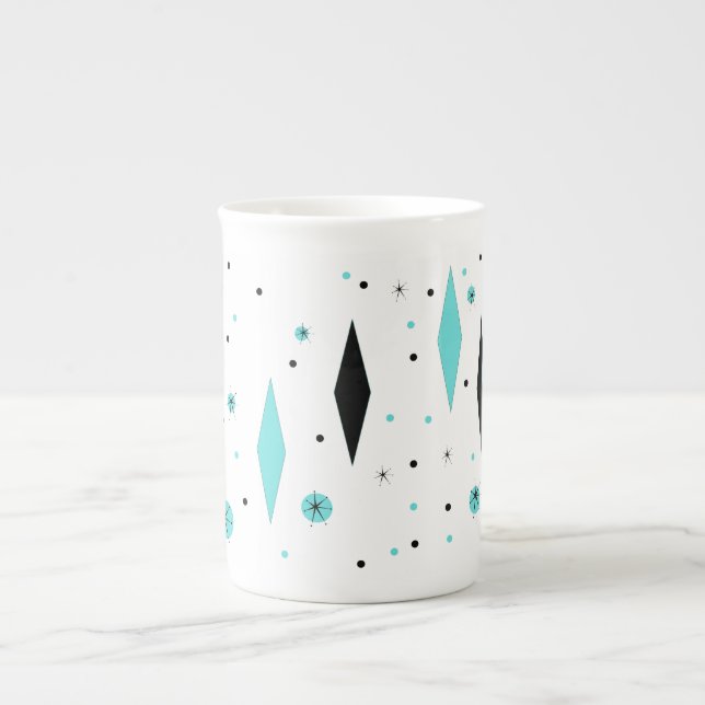 Retro Turquoise Diamonds & Starbursts China Mug (Front)