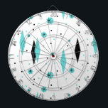 Retro Turquoise Diamonds & Starbursts Dart Board<br><div class="desc">This Retro Turquoise Diamonds and Starbursts Dart Board is a new take on a vintage style. It features kitschy, black starbursts on turquoise polka dots, surrounding geometric, turquoise and black diamond shapes. Customise the background colour on this mid century modern product if you're feeling daring, or leave it white if...</div>