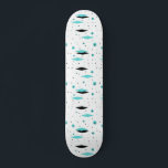 Retro Turquoise Diamonds & Starbursts Skateboard<br><div class="desc">This Retro Turquoise Diamonds and Starbursts Skateboard is a new take on a vintage style. It features kitschy, black starbursts on turquoise polka dots, surrounding geometric, turquoise and black diamond shapes. Customise the background colour on this mid century modern product if you're feeling daring, or leave it white if subdued...</div>