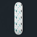Retro Turquoise Diamonds & Starbursts Skateboard<br><div class="desc">This Retro Turquoise Diamonds and Starbursts Skateboard is a new take on a vintage style. It features kitschy, black starbursts on turquoise polka dots, surrounding geometric, turquoise and black diamond shapes. Customise the background colour on this mid century modern product if you're feeling daring, or leave it white if subdued...</div>