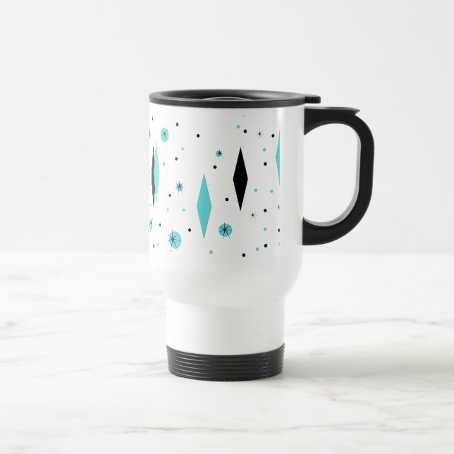Retro Turquoise Diamonds & Starbursts Travel Mug (Right)