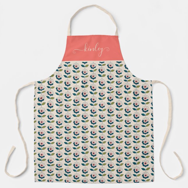 Retro Turquoise Floral Pattern Apron (Front)