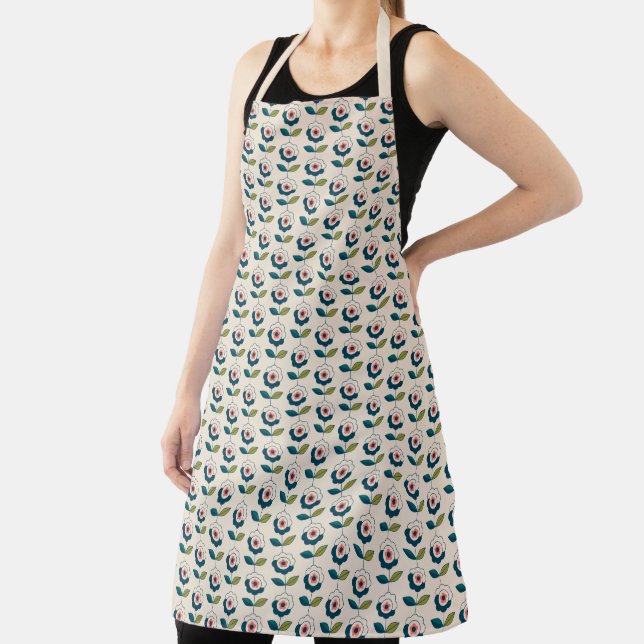 Retro Turquoise Floral Pattern Apron (Insitu)
