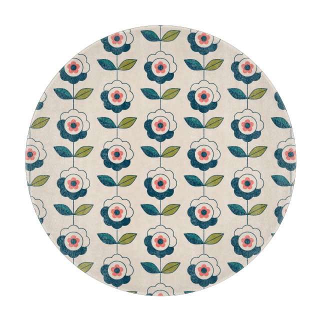 Retro Turquoise Floral Pattern Cutting Board (Front)