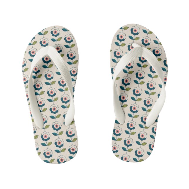 Retro Turquoise Floral Pattern Kid's Jandals (Footbed)