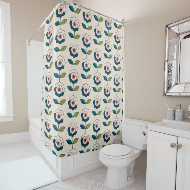 Retro Turquoise Floral Pattern Shower Curtain (In Situ)