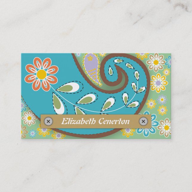 Retro turquoise, green paisley motif floral business card (Front)