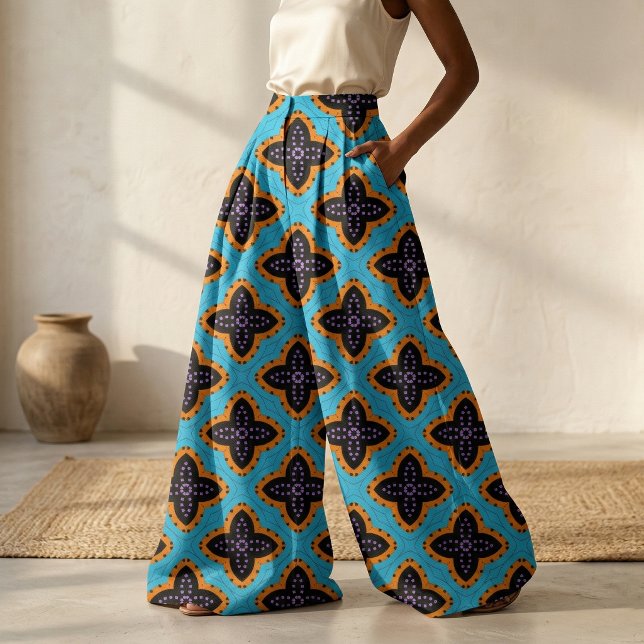 Retro Turquoise Orange Black Geometric Pattern Fabric (Creator Uploaded)