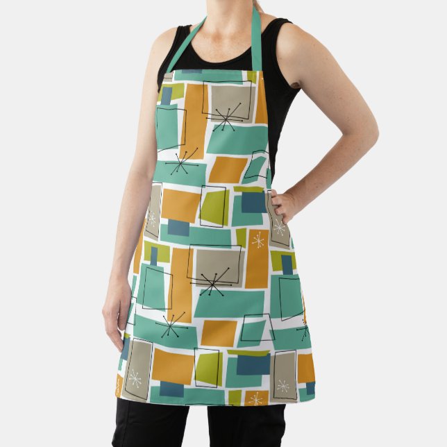 Retro Turquoise Orange Green Squares Mid Century Apron (Insitu)