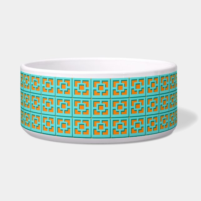 Retro Turquoise &  Orange Trellis Ceramic Pet Bowl (Front)