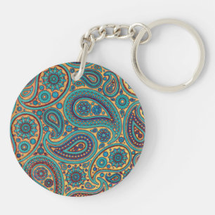 Retro Turquoise Rainbow Paisley motif Key Ring