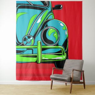 Retro Turquoise Sports Car Front Pop Art Tapestry