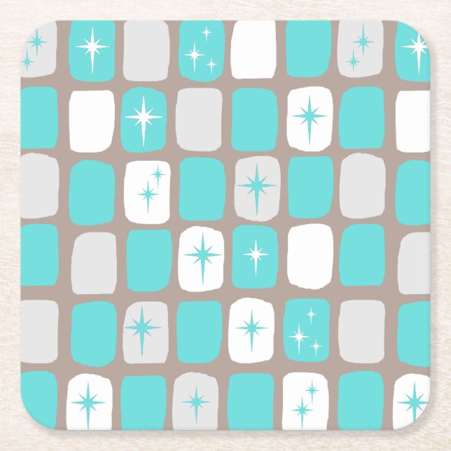 Retro Turquoise Starbursts Hard Paper Coasters (Front)