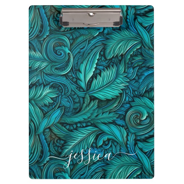 Retro turquoise tooled leather script name  clipboard (Front)