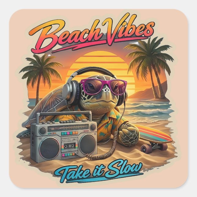 Retro Turtle Beach Vibes - Cool Summer Chill Graph Square Sticker (Front)