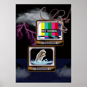 Retro TV No Signal Ocean Storm Surreal Art Poster