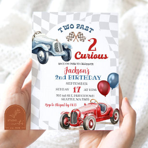 Retro Two Fast 2 Curious Race Car Boy 2nd Birthday Invitation