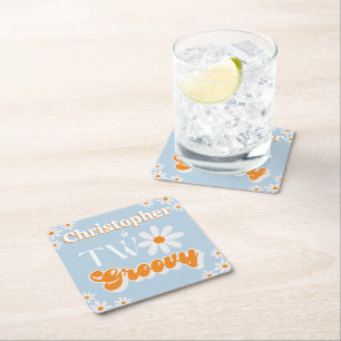 Retro Two Groovy Boys 2nd Birthday Square Paper Coaster