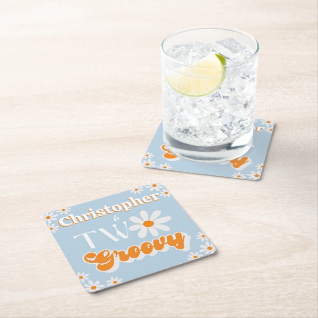 Retro Two Groovy Boys 2nd Birthday Square Paper Coaster (Insitu)
