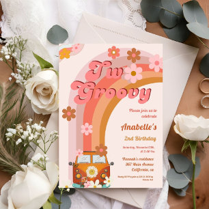 Retro two Groovy Daisy Flower Birthday Party Invitation
