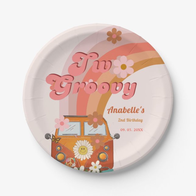 Retro two Groovy Daisy Flower Birthday Party Paper Plate (Front)
