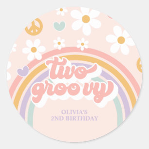 Retro Two Groovy Girl Rainbow 2nd Birthday Classic Round Sticker