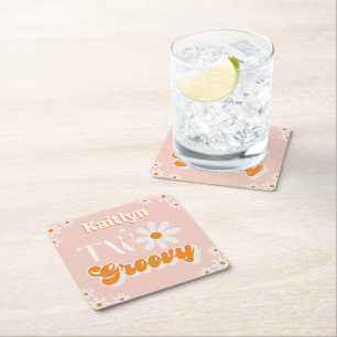 Retro Two Groovy Girls 2nd Birthday Square Paper Coaster