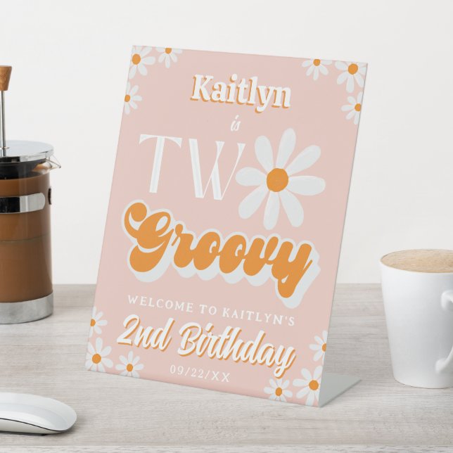 Retro Two Groovy Girls 2nd Birthday Welcome Pedestal Sign (In SItu)