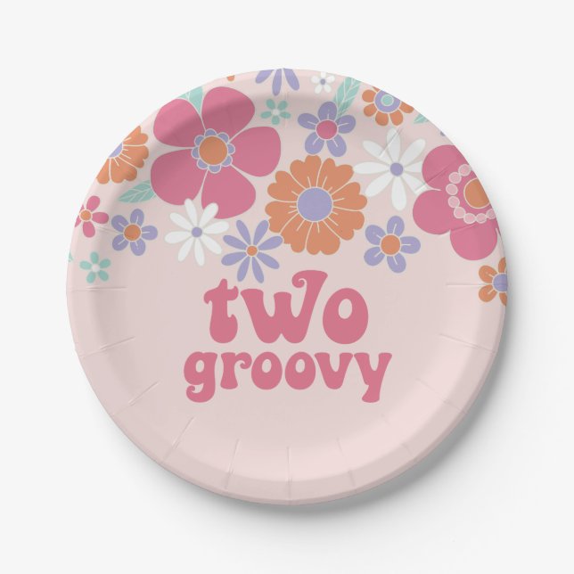 Retro Two Groovy Pink Floral Paper Plate (Front)