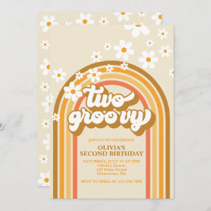 Retro Two GroovY Rainbow Brown Orange Birthday Invitation