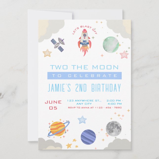 Retro Two The Moon Outer Space Birthday Party Invitation (Front)