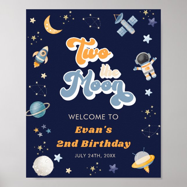 Retro Two the Moon Space Birthday Welcome  Poster (Front)