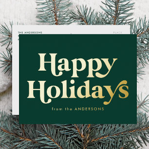 Retro Type Happy Holidays Non-Photo Green and Gold Foil Holiday Postcard