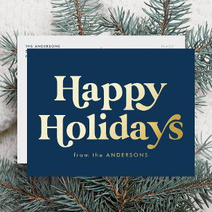 Retro Type Happy Holidays Non-Photo Navy and Gold Foil Holiday Postcard