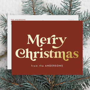 Retro Type Merry Christmas Brown and Gold Foil Holiday Postcard
