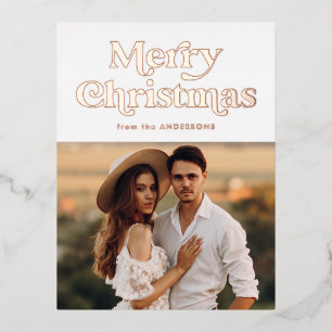 Retro Type Merry Christmas Photo Rose Gold Foil Holiday Postcard