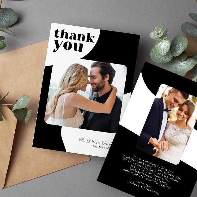 Retro typography 2 photo black and white wedding thank you card (Creator Uploaded)