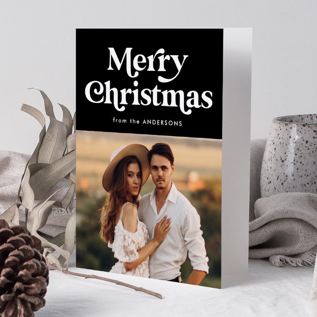 Retro Typography Black Merry Christmas Photo Holiday Card (Creator Uploaded)