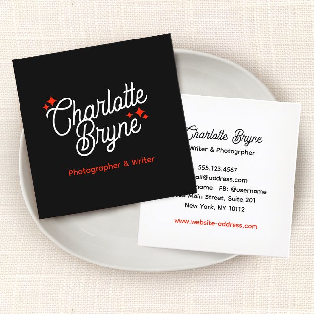 Retro Typography Black Red Square Business Card (Creator Uploaded)