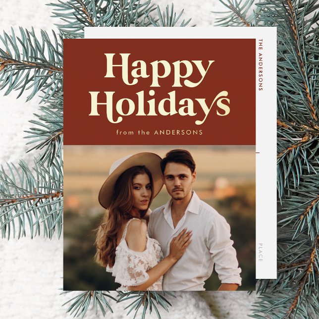 Retro Typography Brown Happy Holidays Photo Foil Holiday Postcard (Creator Uploaded)