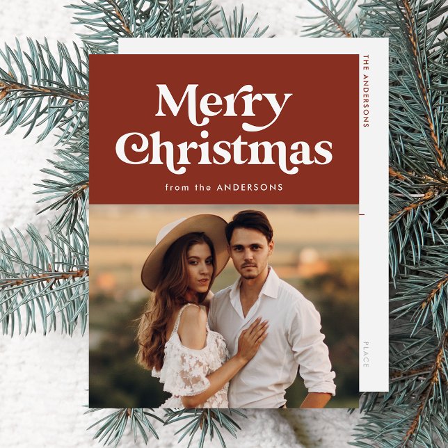 Retro Typography Brown Merry Christmas Photo Holiday Postcard (Creator Uploaded)