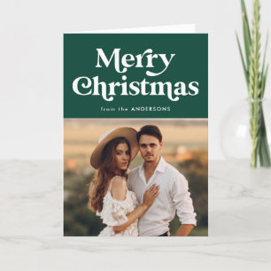 Retro Typography Green Merry Christmas Photo Holiday Card