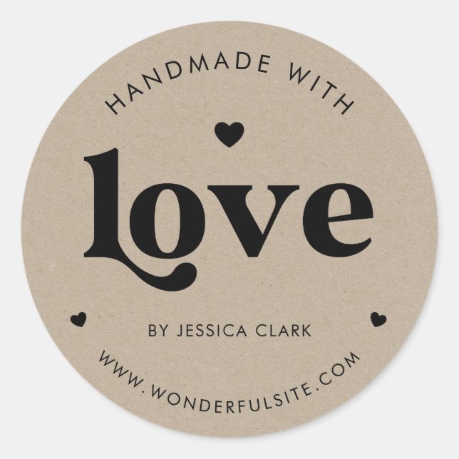 Retro Typography Handmade with Love Heart Kraft  Classic Round Sticker (Front)