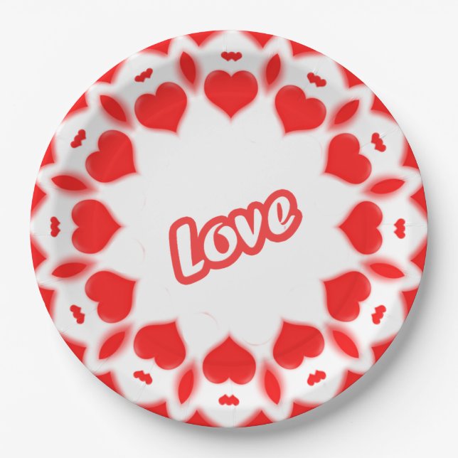 Retro Typography "Love" Red Valentine Hearts Paper Plate (Front)