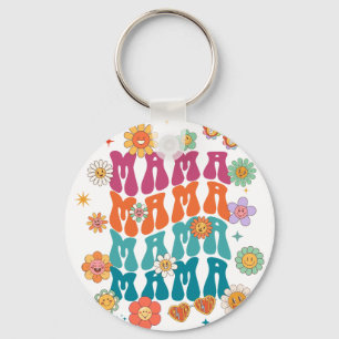 Retro typography Mama Mama Floral Smiley Face Key Ring