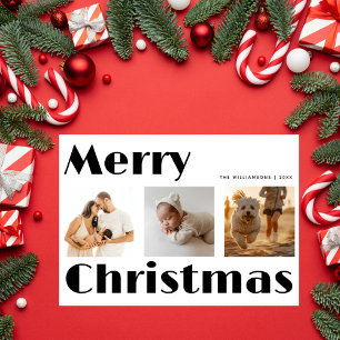 Retro Typography Merry Christmas 3 Photo Collage Holiday Card