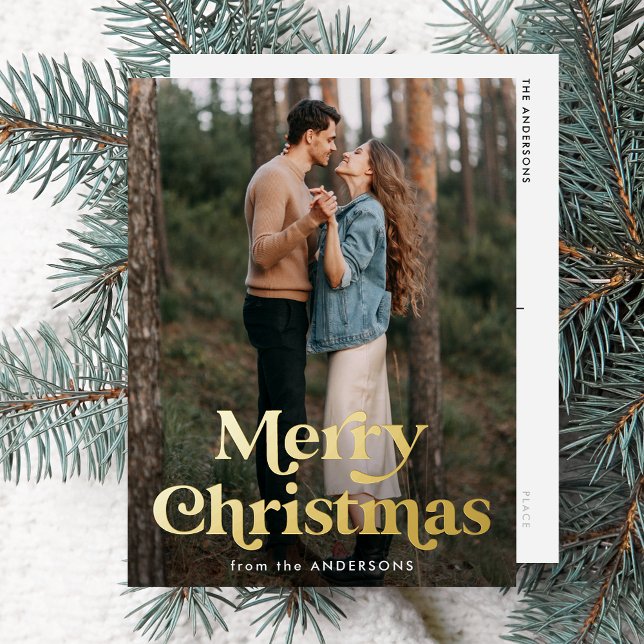 Retro Typography Merry Christmas Photo Foil Holiday Postcard (Creator Uploaded)