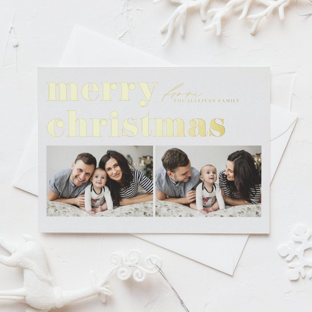 Retro Typography Merry Christmas Two Photo Foil Holiday Postcard (Creator Uploaded)